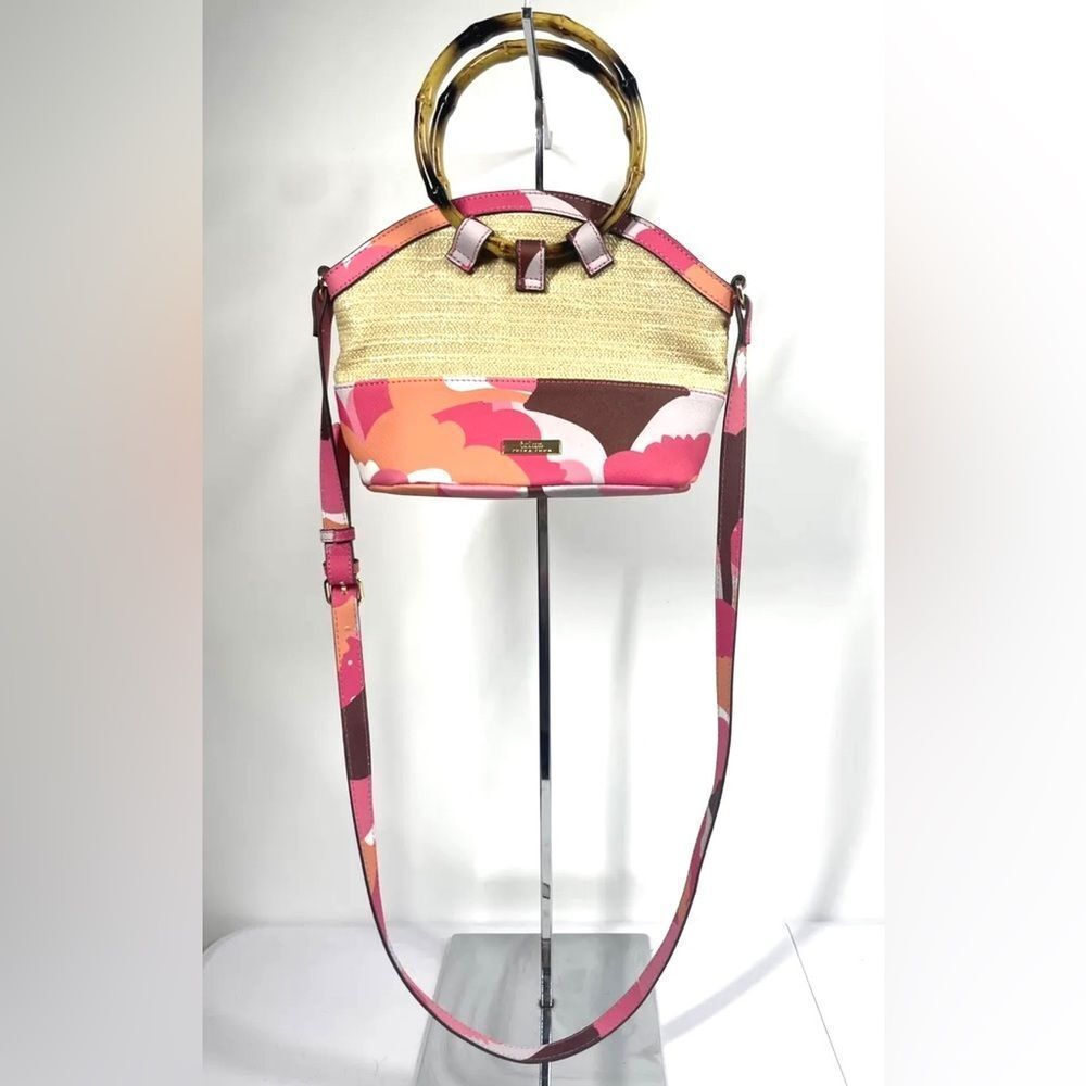 Trina Turk Rainbow Petals Floral Straw Satchel Crossbody Bag Bamboo Handles